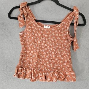 Japna Womens Small Crop Babydoll Tank Top Shirt Brown Floral Ruched Y2K Coquette